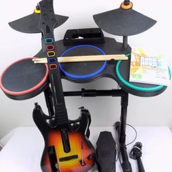 Wii Guitar Hero Rock Band Bundle Drum + Guitar + Mic + 2x Random Games