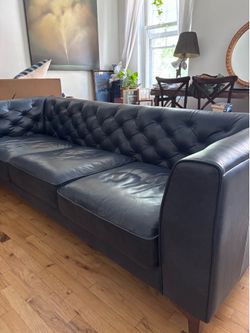 Navy Blue Leather Tufted Sofa