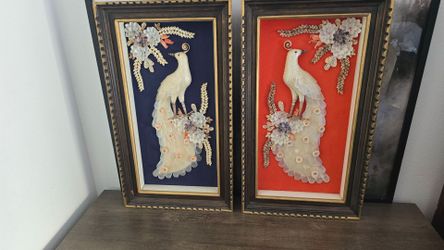 Vintage Pair of Framed Peacock Shell Art