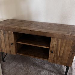 Rustic Wood Sofa Table with Solid Wood Top, Two Cabinets, And Open Center Shelving
