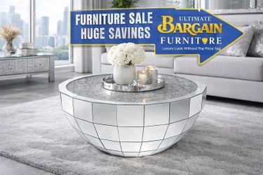Glam Mirrored Round Coffee Table with Crushed Crystal Top