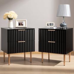 Black Night Stand Set 2, Wide Fluted Nightstand with 2 Drawers, Modern Glossy Storage Bedside Table for Bedroom, End Side Table with Golden Metal Legs