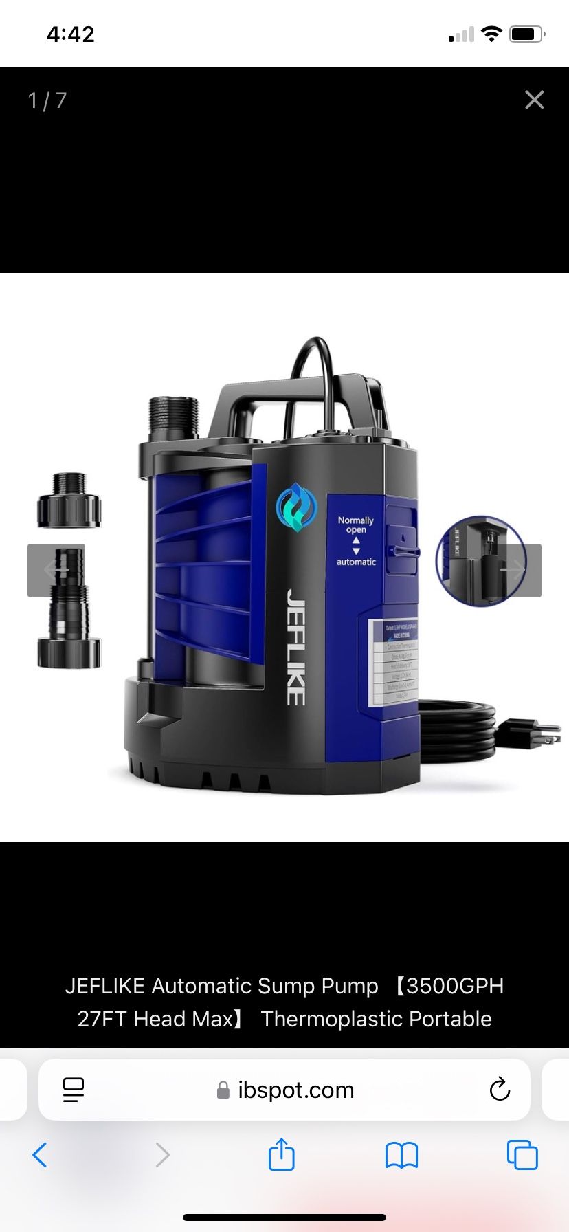 JEFLIKE Automatic Sump Pump 【3500GPH 27FT Head Max】 Thermoplastic Portable Submersible Water Pump for Pond Basement Swimming Pool Draining, with 3/4"
