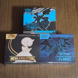 Pokemon Cards Scarlet and Violet Black Bolt, Mega Evolution Phantasmal Flames and Mega Evolution(Mega Gardevoir) Elite Trainer Boxes