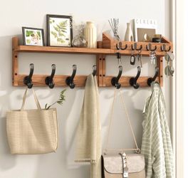 (D-29) Evermagin 29" Coat Rack Wall Mount with Shelf & 11 Hooks, Entryway, Brown Wooden Wall Mounted Coat and Key Rack with Hooks, Key Hanger with Mai