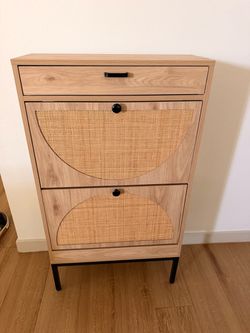 Wood and Rattan Shoe Cabinet with Drawers