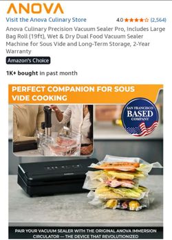 NEW-NEVER USED-NO BOX-Anova Culinary Precision Vacuum Sealer Pro, Includes Large Bag Roll (19ft), Wet & Dry Dual Food Vacuum Sealer Machine for Sous V