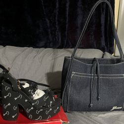 Brand New/Guess Damira Denim Tote Bag (without inside pouch) and Chunky Platform Sandals Set (8)