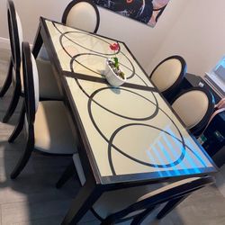 Glass-Top Dining Table with 6 Upholstered Chairs