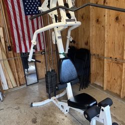 Lat Machine, Sit Down Trap Machine For Triceps And Chest And Trap Bar
