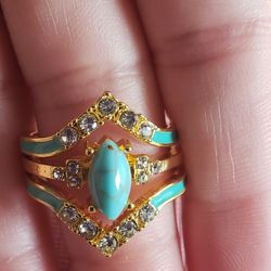 3 Pcs Stackable Gold Size 9 Torquise With Diamond Encrusted 