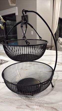2-Tier Black Metal Wire Fruit Basket Stand