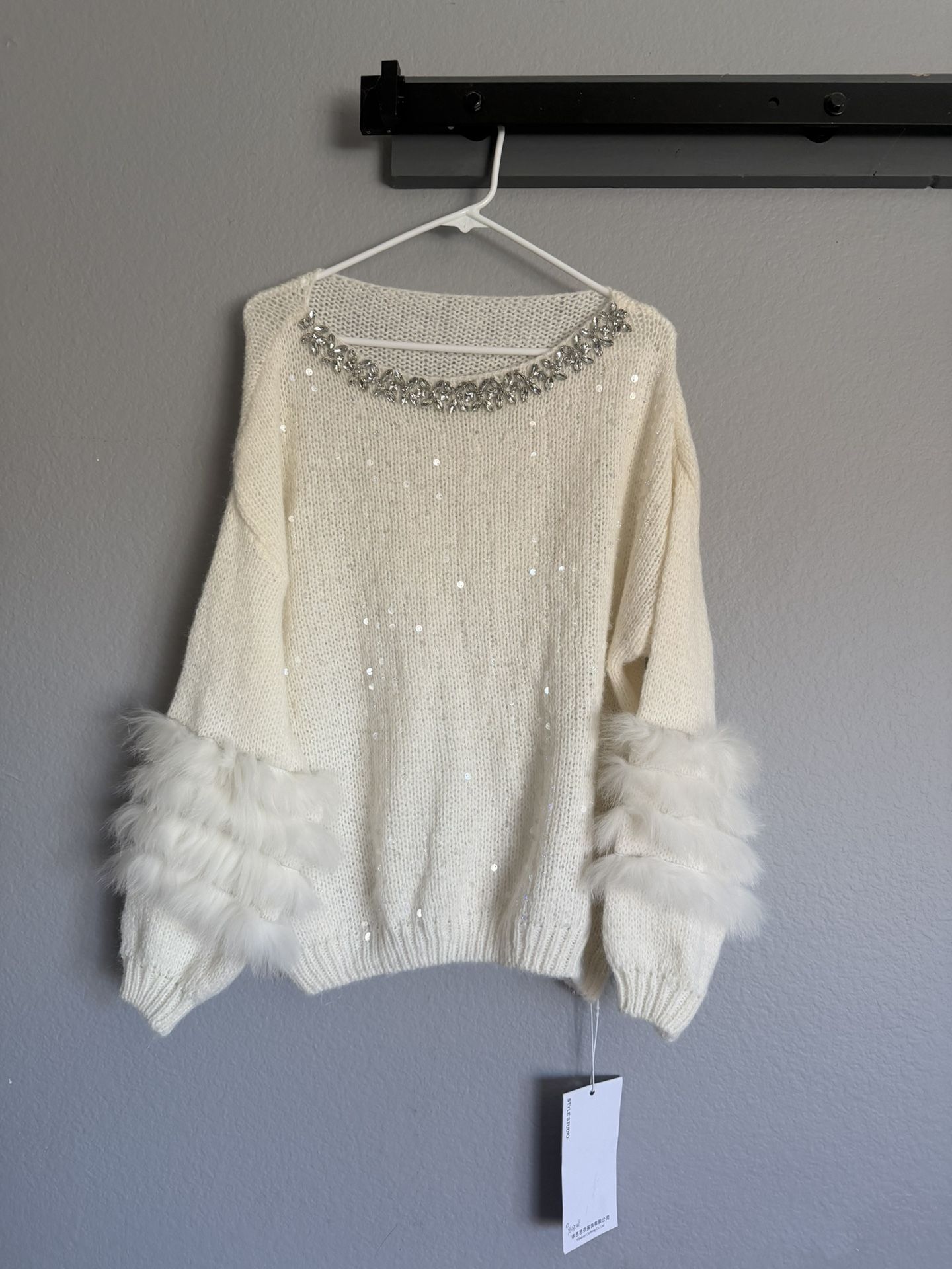 Embellished Knit Sweater with  Fur Sleeves