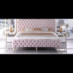 Pink Velvet Upholstered Queen Bed Frame