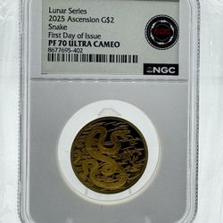 2025 Ascension G$2 Pf70 Year Of The Snake 1/20th Oz Gold Coin
