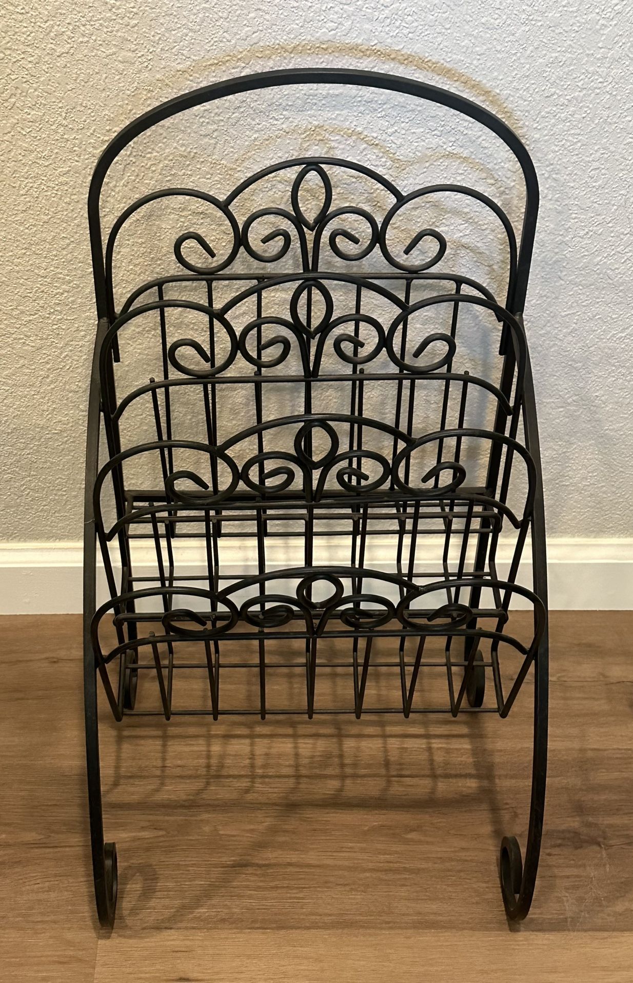 1970s Vintage Scrolled Black Wrought Iron 3 Tier Magazine Rack