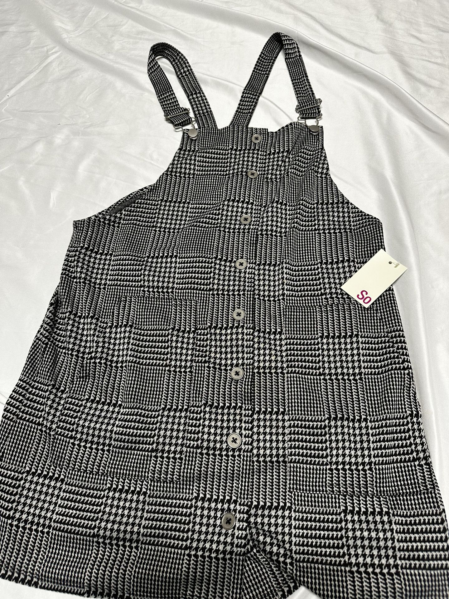 NWT Junior’s SO Knit Button Front Pinafore Dress, Black Plaid, Large