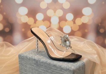Cathy Din Clear Strap Black Mule with Crystal Accent