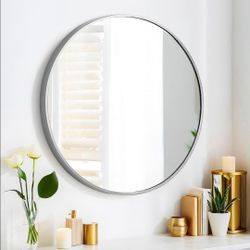 24" Round Wall Mirror – Silver Metal Frame