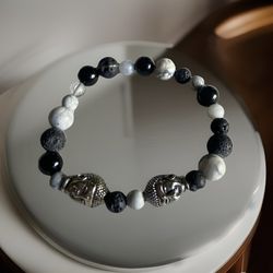 Unisex Buddha  Double Head Natural Stones Black Onyx Howlite And Black Lava Stretch Bracelet 
