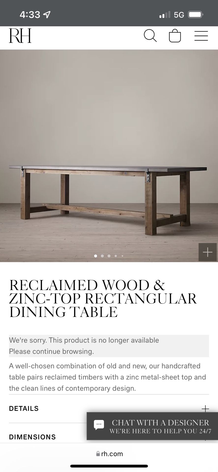 Restoration Hardware Zinc Metal Reclaimed Wood 72” Dining Table