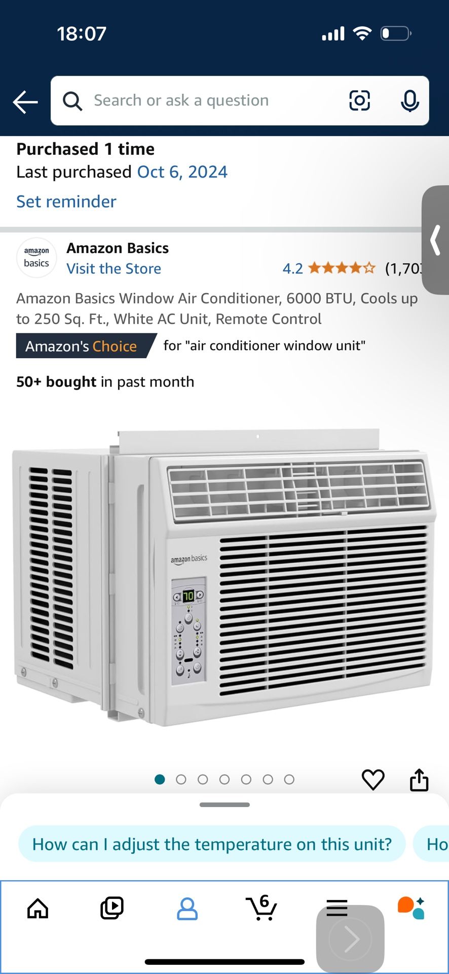 Window Air Conditioner, 6000 BTU