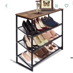Shoes Rack Tilting Adjustable Freestanding Shoe Rack Large 9 Pairs 25.2 IN Storage Organization Brown Wood Metal For Entryways, Hallways, Clos