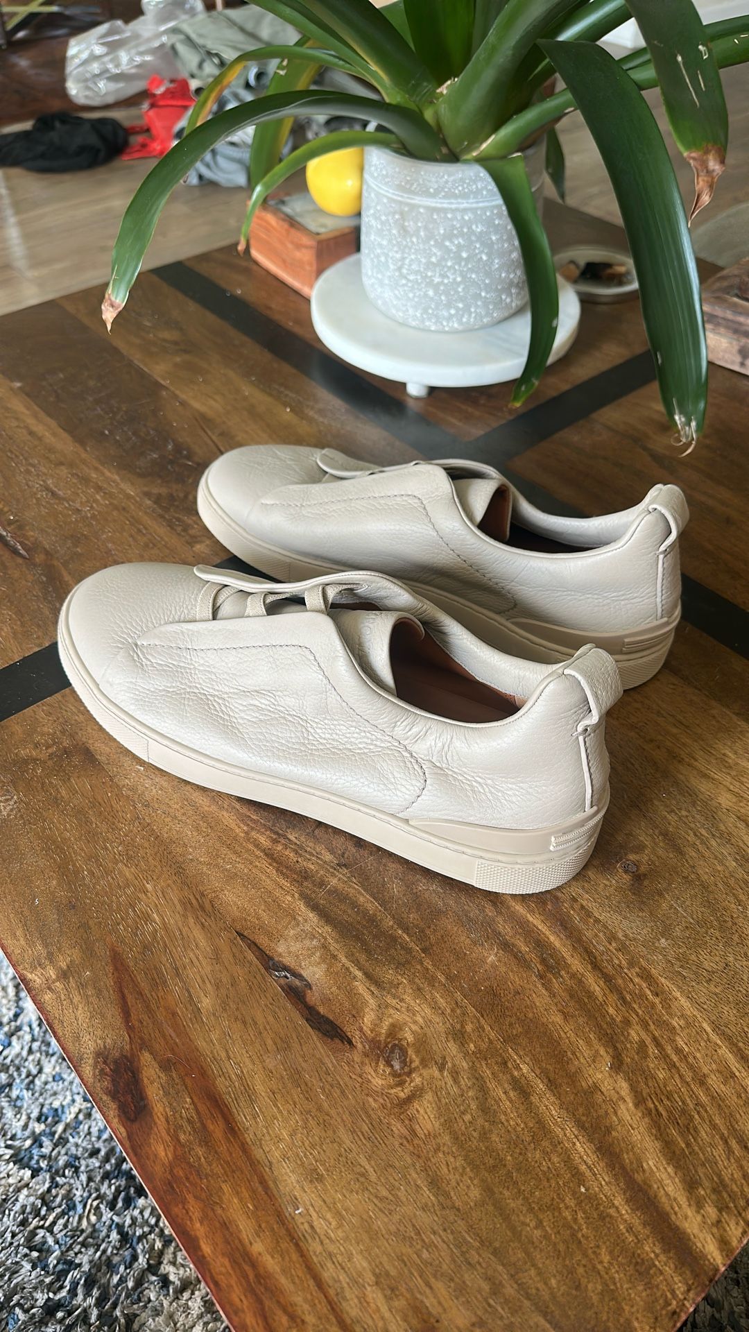 Zegna Beige Deerskin Triple Stitch Sneakers
