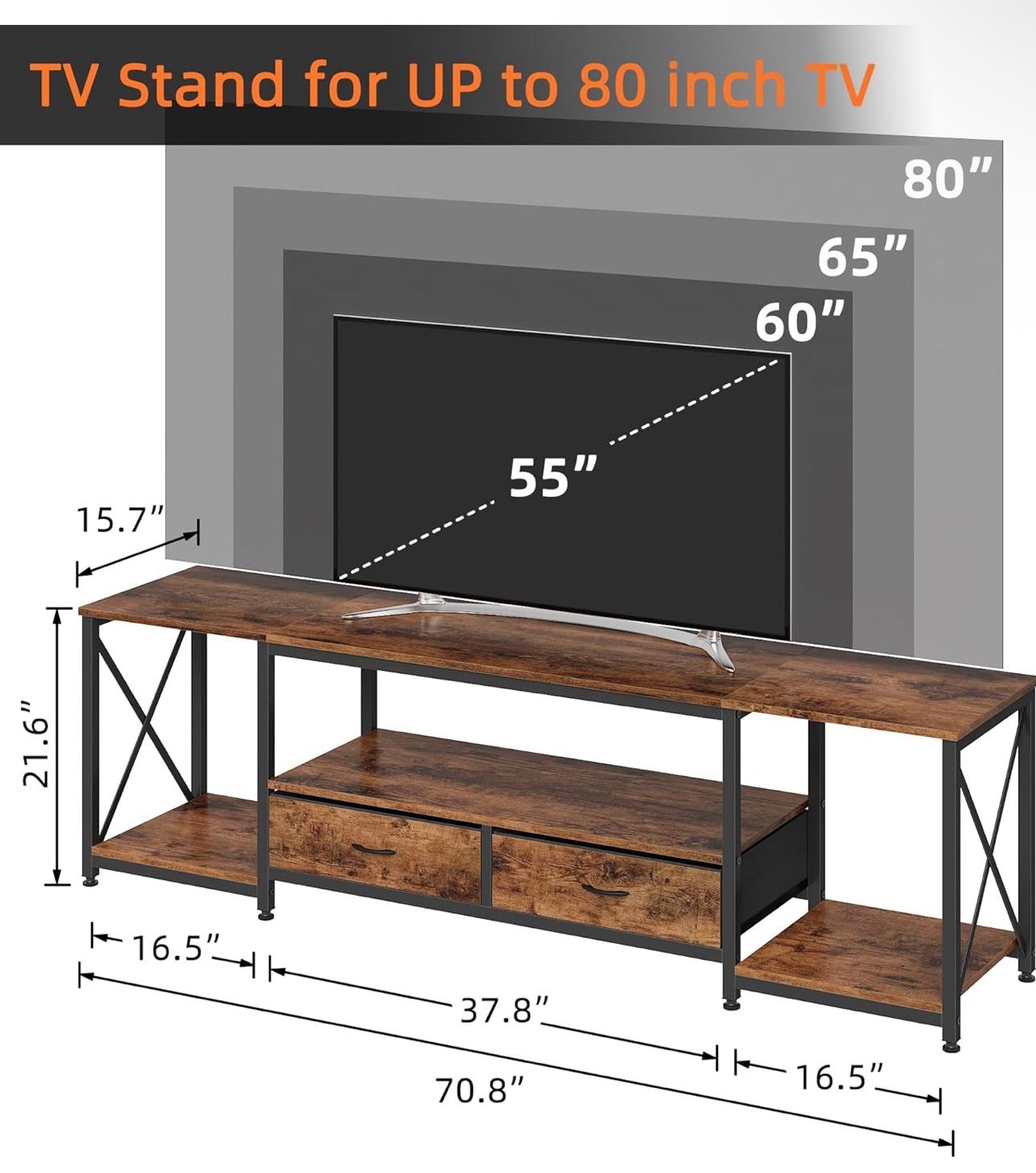 GYIIYUO TV Stand with Fabric Drawers - Entertainment Center and Industrial Console Table with Open Storage Shelves for Living Room, Bedroom - 71.5" Ru