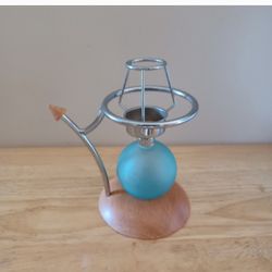 Vintage Blue Glass,  Metal & Wood Frame Unique Candle Holder 