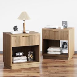 Fluted Nightstand Set of 2, Wooden Night Stand with Charging Station, Bedside Table with Drawer, Modern Mid Century End Tables for Bedroom Sofa Couch 