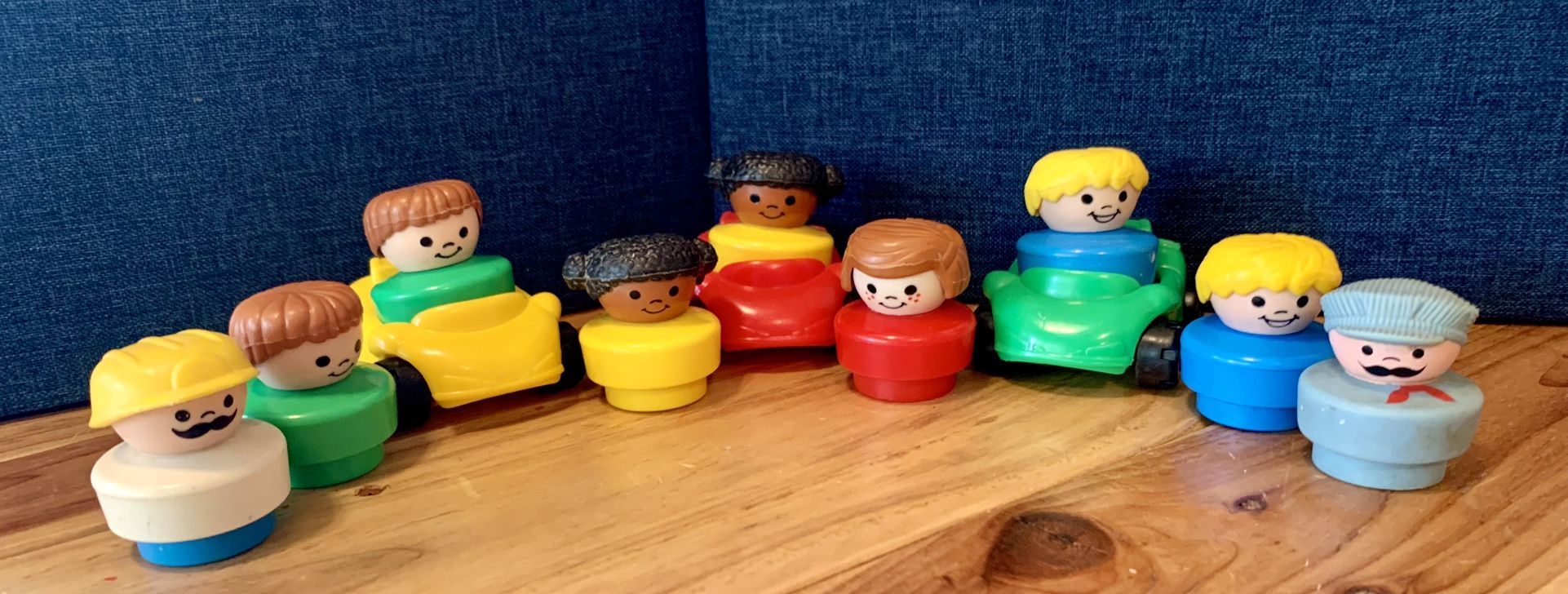 Nine Vintage Fisher Price Little People & 3 Vintage Cars (1990s Chunky Pieces) 
