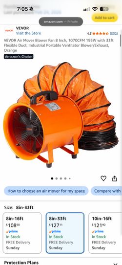 VEVOR Air Mover Blower Fan 8 Inch, 1070CFM 195W with 33ft Flexible Duct, Industrial Portable Ventilator Blower/Exhaust