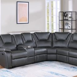Brand New Grey Faux Leather Reclining Sectional Sofa 