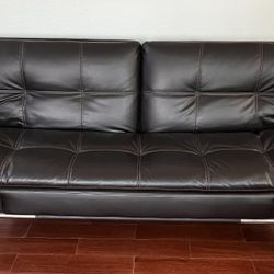 SEBU Dark Brown Leather Futon Sofa Bed Couch With Split Back & Steel Legs 