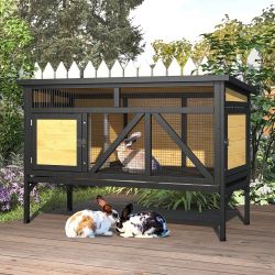 TIMHAKA 46.7" Elevated Rabbit Cage - Indoor & Outdoor Rabbit Hutch, Bunny Cage for Guinea Pig, Wooden Design with Removable Tray, Waterproof Asphalt R