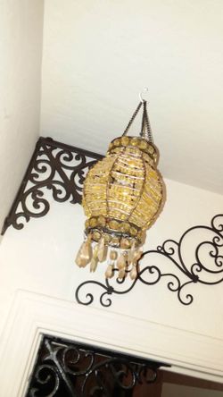 VINTAGE ORNATE VICTORIAN GOLD AMBER YELLOW BEADED HANGING WALL CHANDELIER CANDLE TEA LIGHT DECOR
