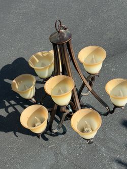 9-light ceiling chandelier bronze-toned metal finish with frosted glass shades.