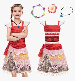 Girls Moana Costume Outfit size 5-6 with Light Up Flower Crown and Necklace