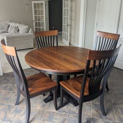 48″ Solid‑Wood Round Pedestal Dining Table + 4 Chairs – Rustic/Mission Style W/Extender Piece