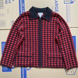 Women’s XL Pendelton Wool Zip Up Cardigan Vintage Houndstooth Red 