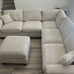 New Corduroy Fabric Sectional.  Off White / Beige.  99” X 99”.  Free Delivery!