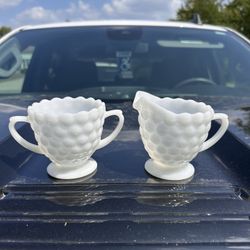 Anchor Hocking Open Creamer & Sugar Bubble Milk Glass