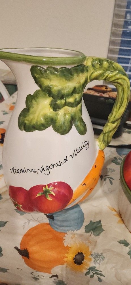 Certified International Judy Phipps Vegetables 5 quart Pitcher
And Judy Phipps Certified International Tomato Baking Dish w/Cover 10” Casserole