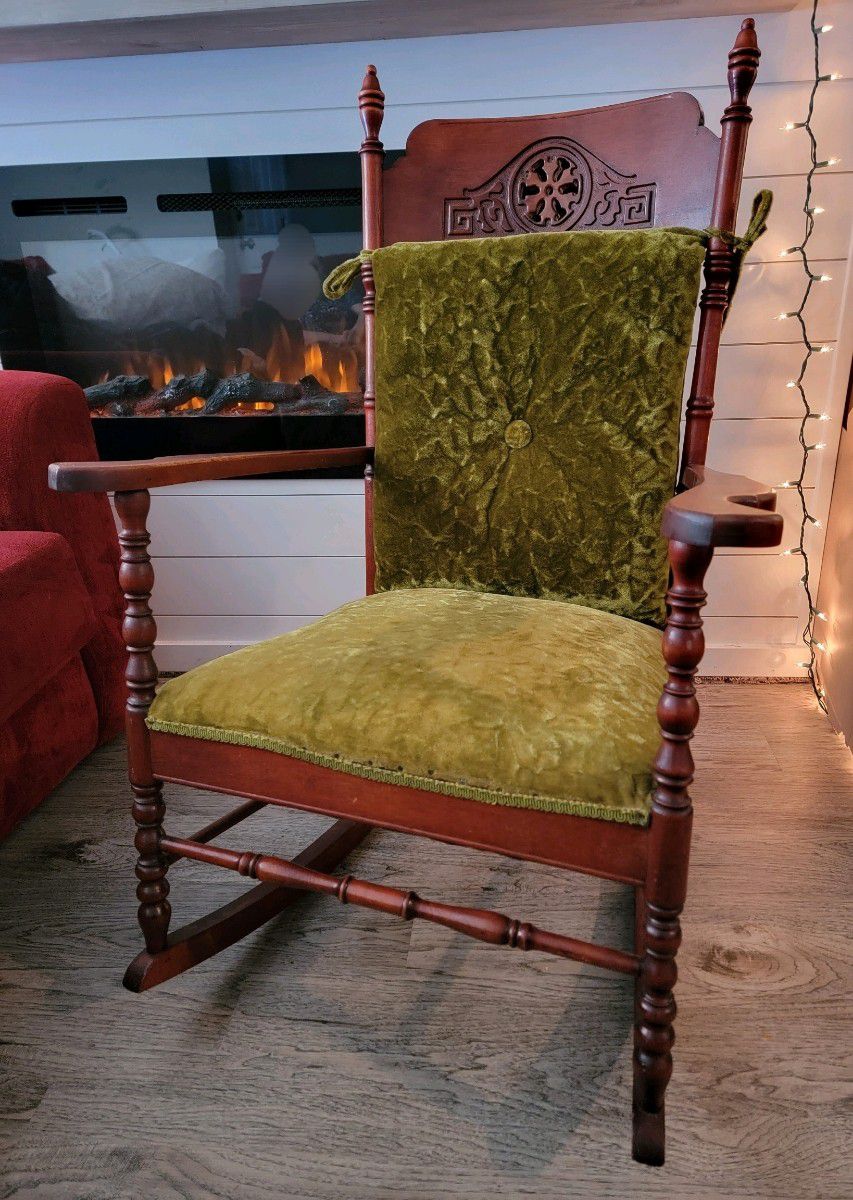 Antique Pressed Oak And Velvet Rocking Chair
