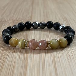 Charged Sunstone,Gold Tiger Eye,obsidian,hematite Bracelet (known For : Cleanses All Chakras, Decision & $ Making, Help Creativity & Sexuality,healer)