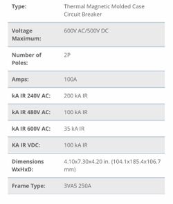 SIEMENS #3VA5210-7EC61-0AA0 Molded Case Circuit Breaker, 100A, 600V AC/500V DC, 2P