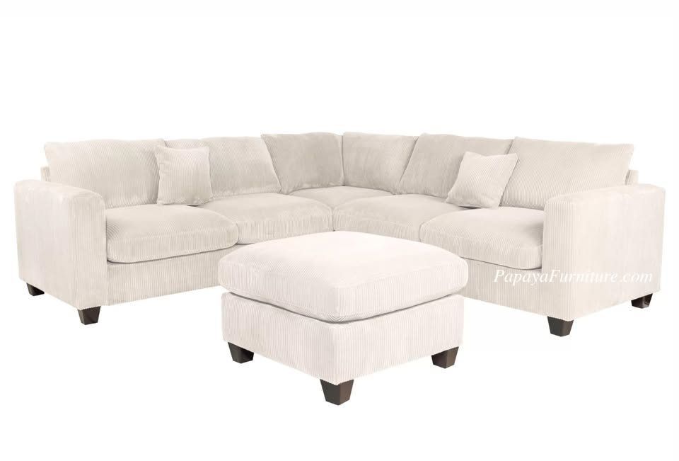 NEW Modern Ivory White Beige Sectional Sofa and Ottoman Set Cream Ashley Style Furniture Warehouse Couch BIG SALE Discount Mid Century Soft Fabric