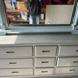 Blue Grey Dresser With Mirror