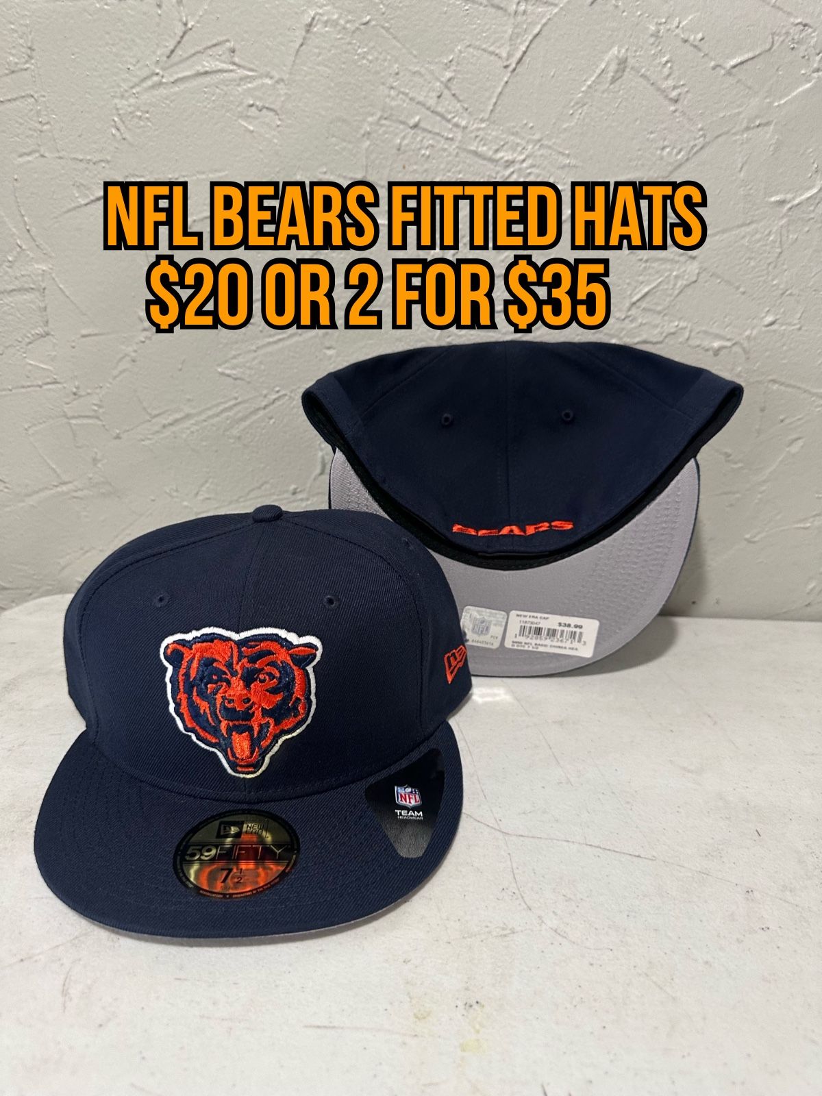 NFL New Era Chicago Bears Blue 59fifty Fitted Hats Size 7 1/8, 7 3/8 And 7 1/2